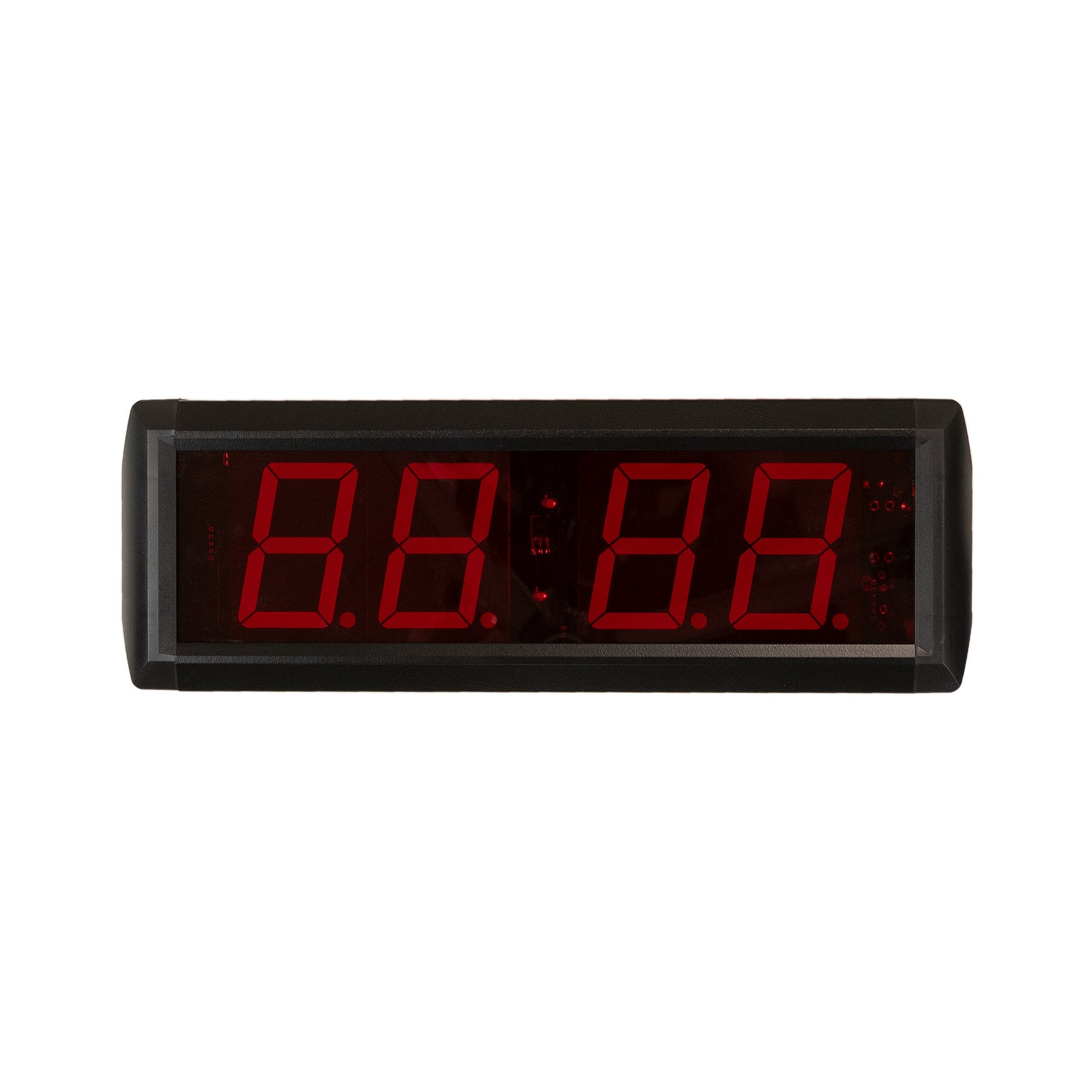 Digital clock with red LED display on a white background