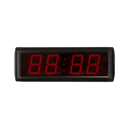 Digital clock with red LED display on a white background