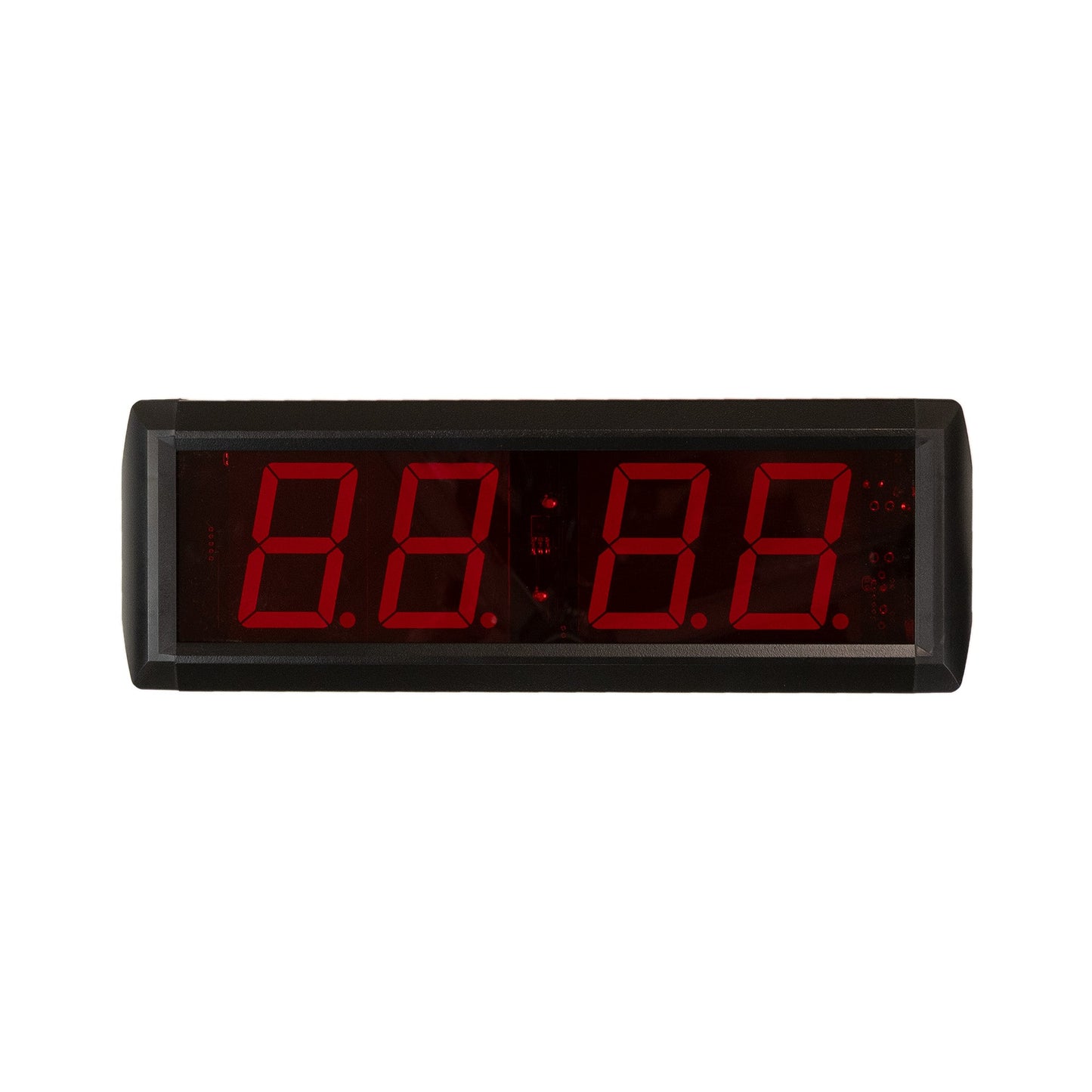 Digital clock with red LED display on a white background.