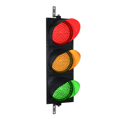 Traffic light with red, yellow, and green lights on a white background.