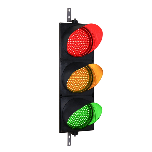 Traffic light with red, yellow, and green lights on a white background.