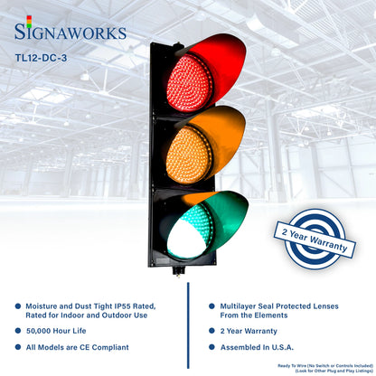 Traffic light with Signaworks branding and product details on a white background