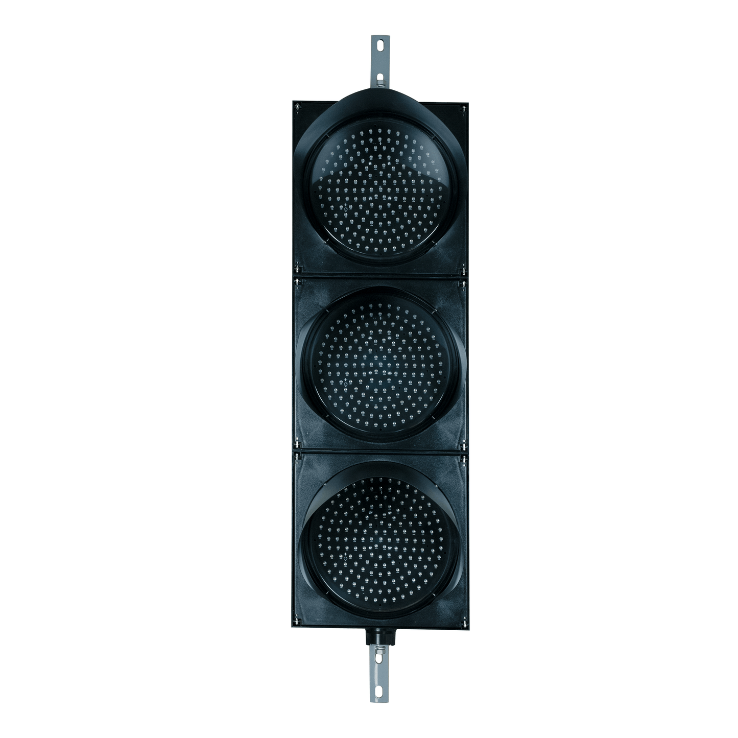 Black three-light traffic signal on a white background