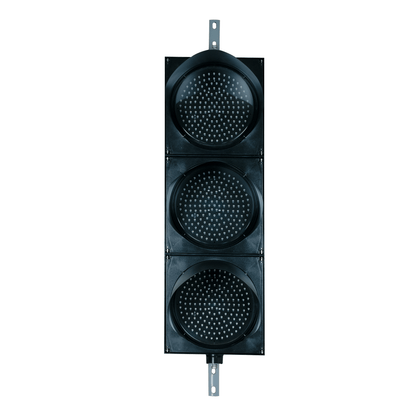 Black three-light traffic signal on a white background