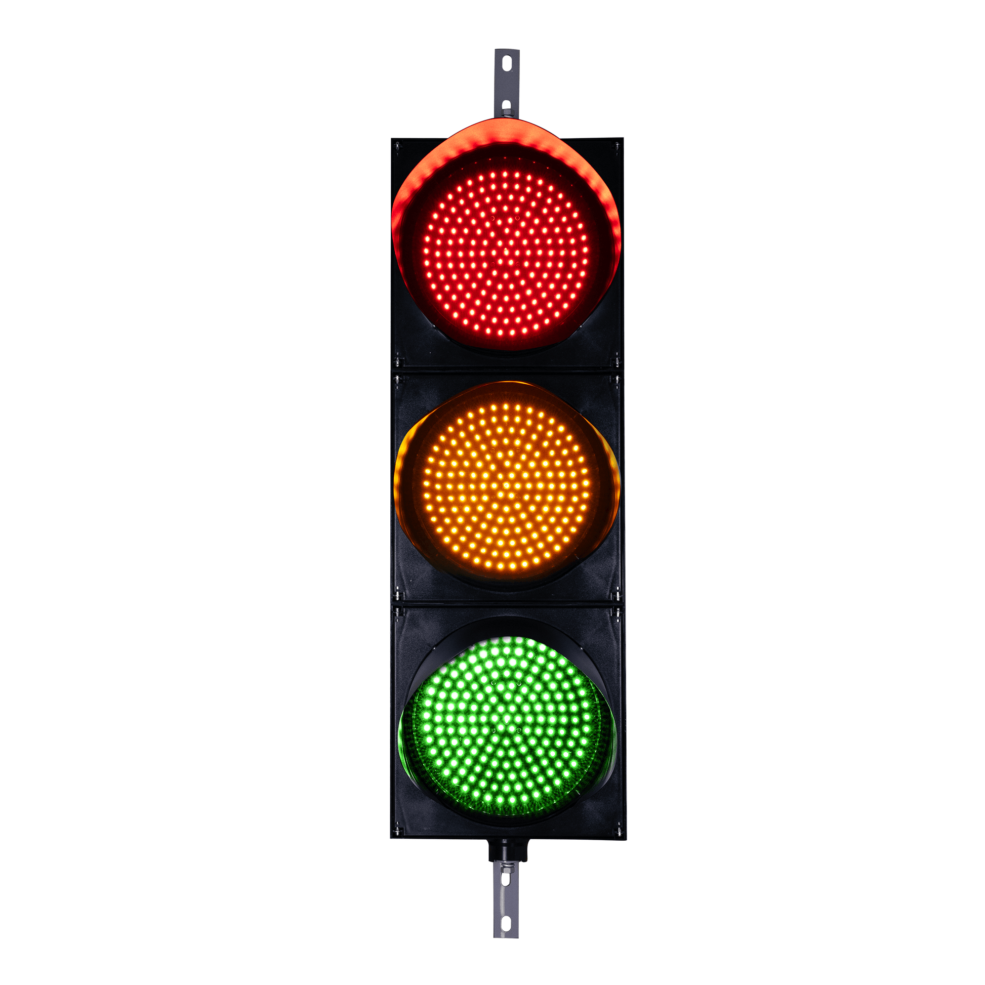 Traffic light with red, yellow, and green lights on a white background