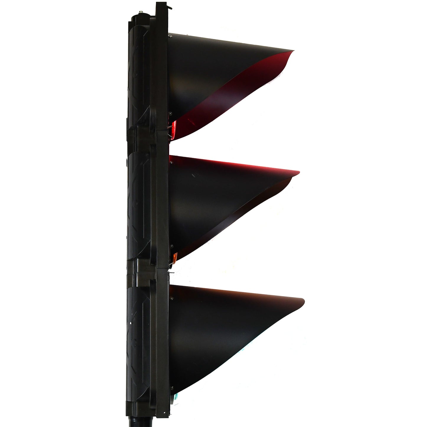 Black traffic light with red, amber and green lights on a white background.