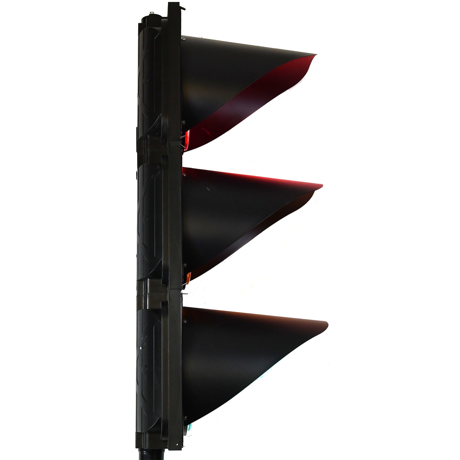 Black traffic light with red, amber and green lights on a white background.