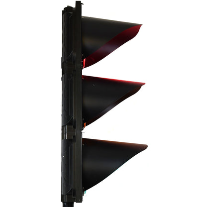 Black traffic light with red, amber and green lights on a white background.