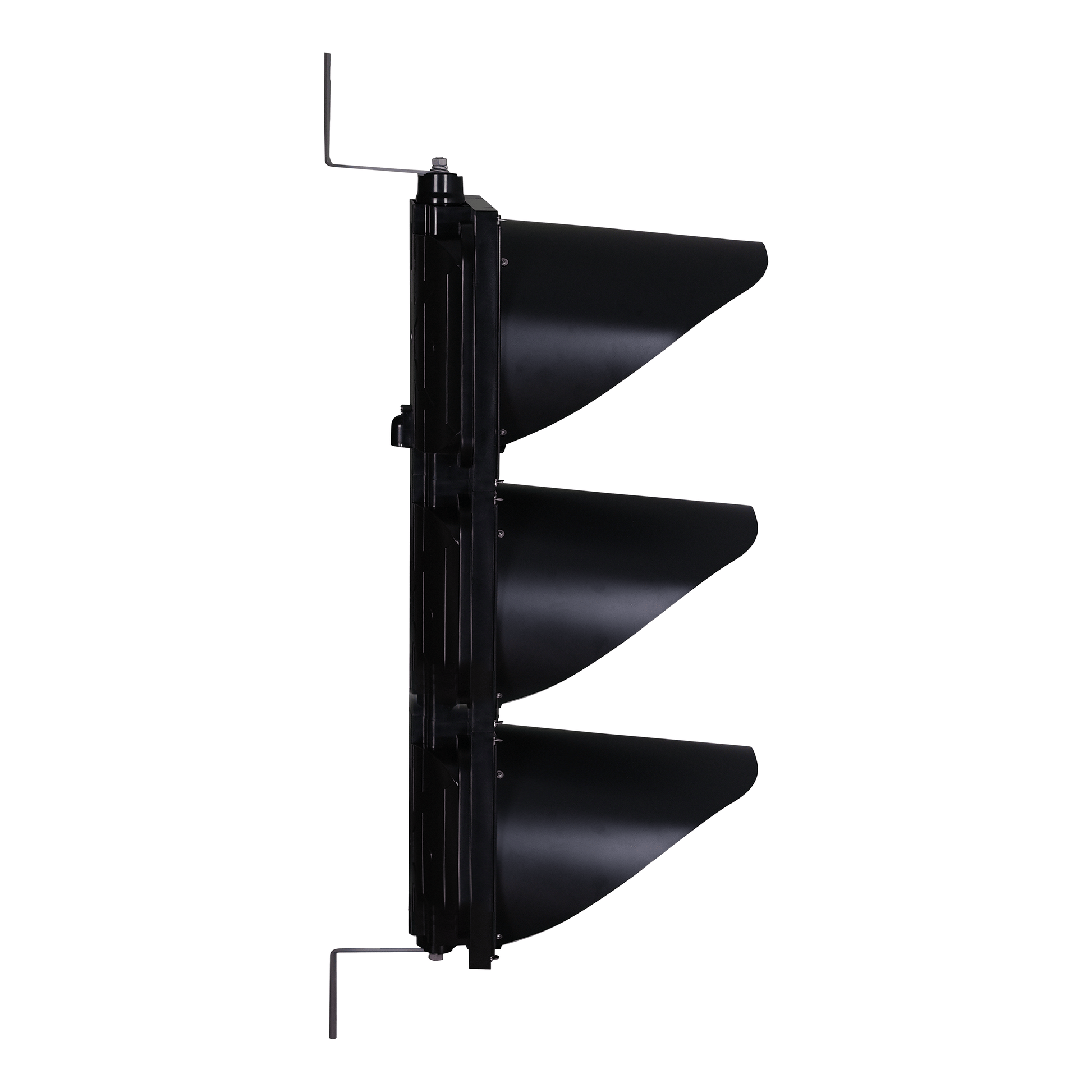 Side profile of a black 3-light traffic light.