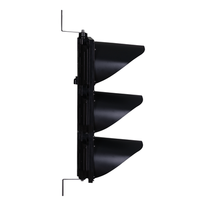 Side profile of a black 3-light traffic light.