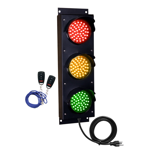 A set of three LED traffic lights with a red, yellow, and green light, accompanied by a wireless key fob controller and a power cord.