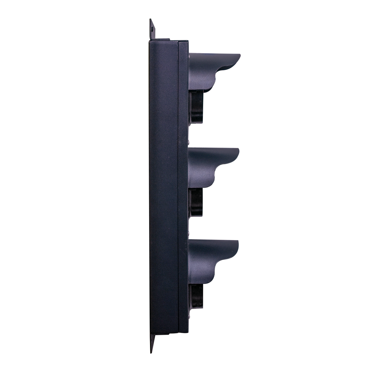 Side profile of a black triple-lens traffic light on a white background.