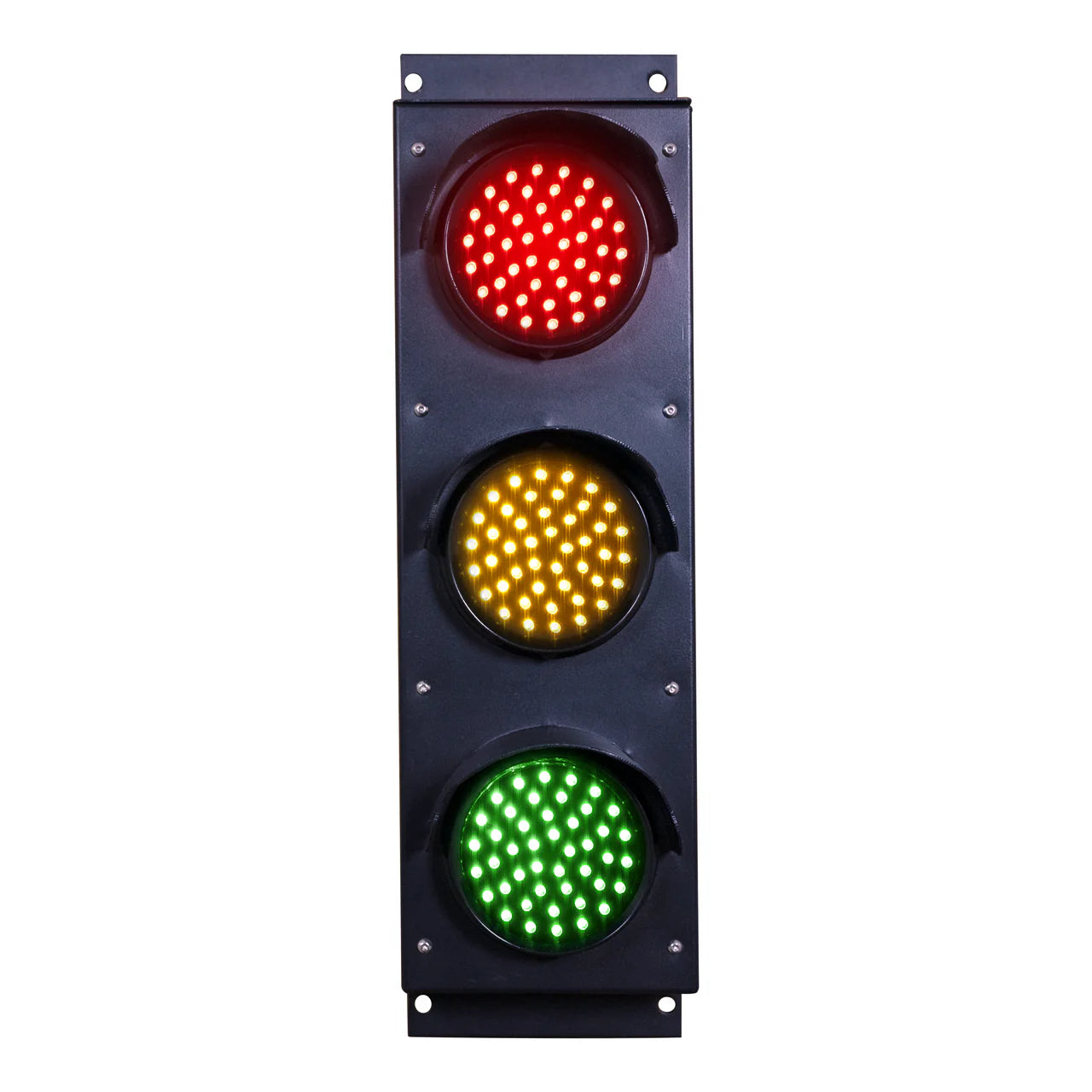 Front perspective of a black three-lens traffic light with red, amber and green light turned on.