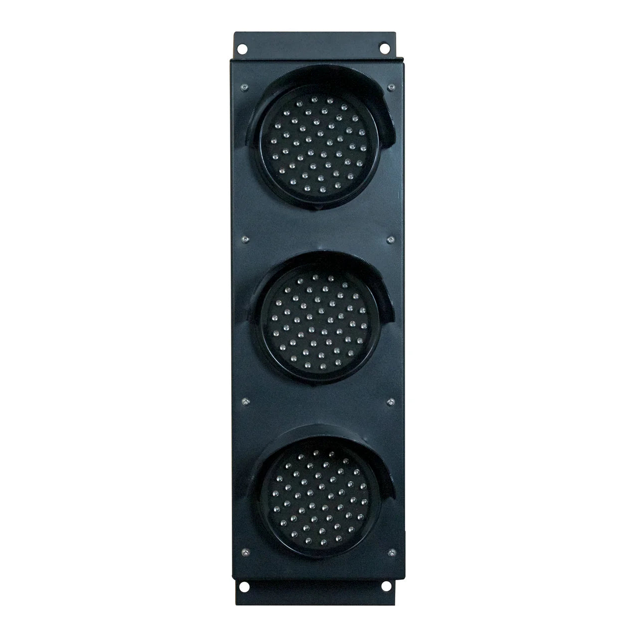 Front profile of a black triple-lens traffic light on a white background.
