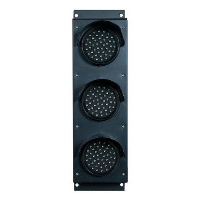 Front profile of a black triple-lens traffic light on a white background.