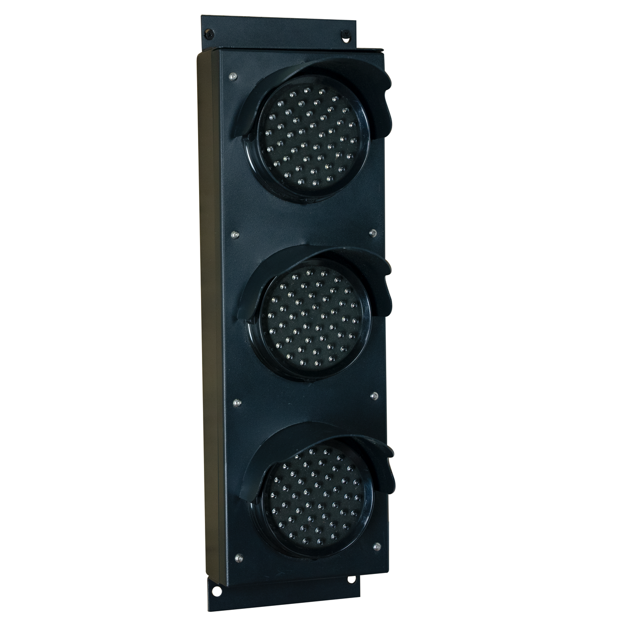 Black three-lens traffic light on a white background.