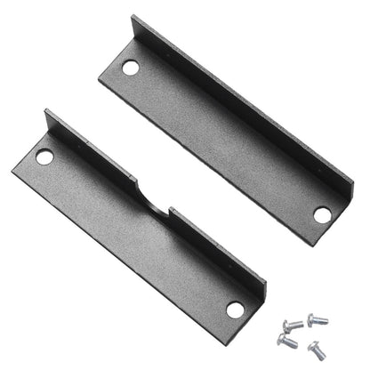 Black metal mounting hardware with 4 silver screws on a white background.