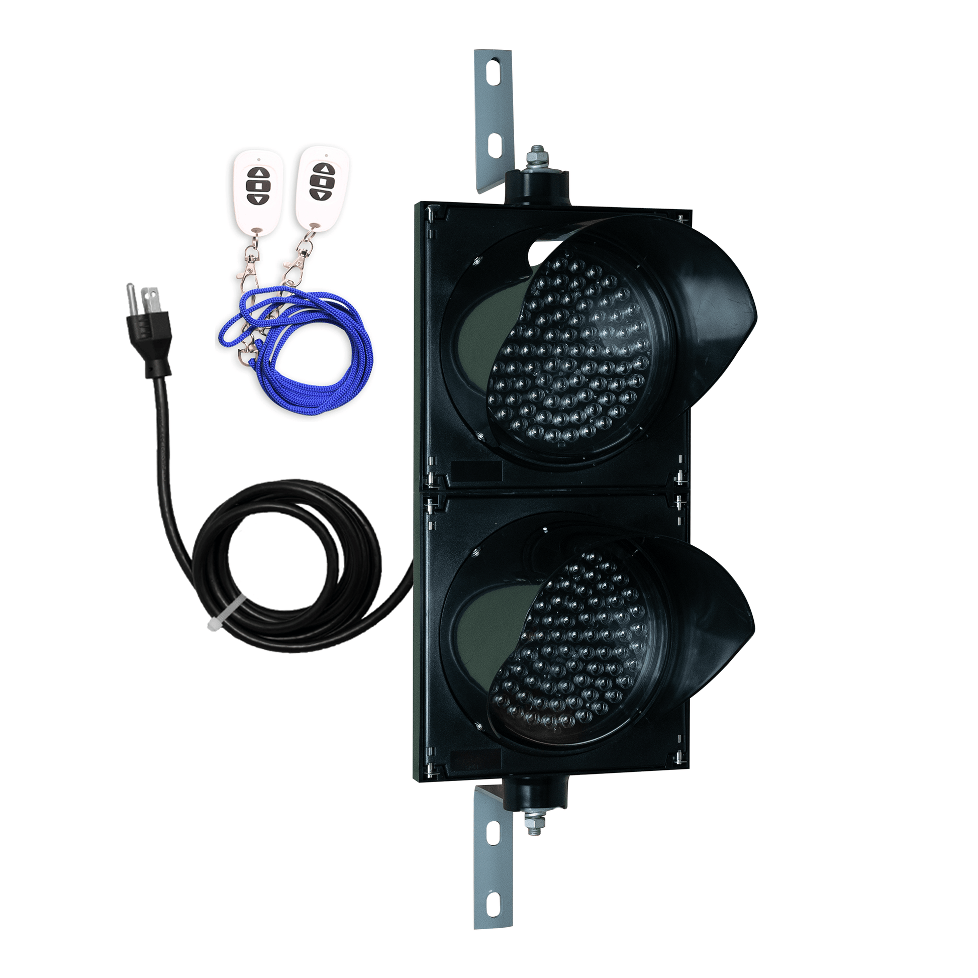 Black wireless 8 inch traffic light with white wireless key fob on a white background.