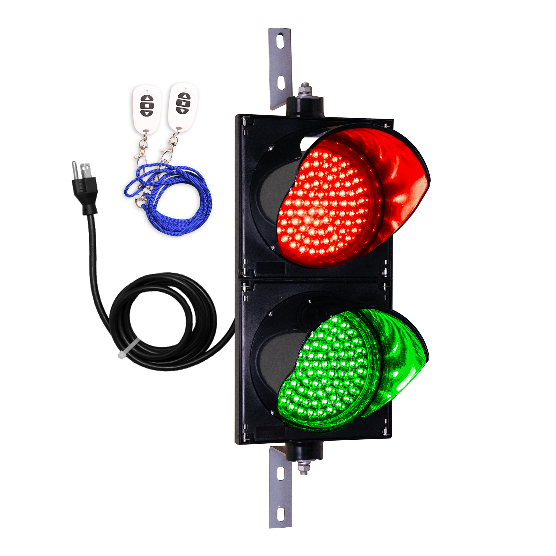 8 inch wireless LED traffic light with red and green colors, including a wireless key fob and a power cord.