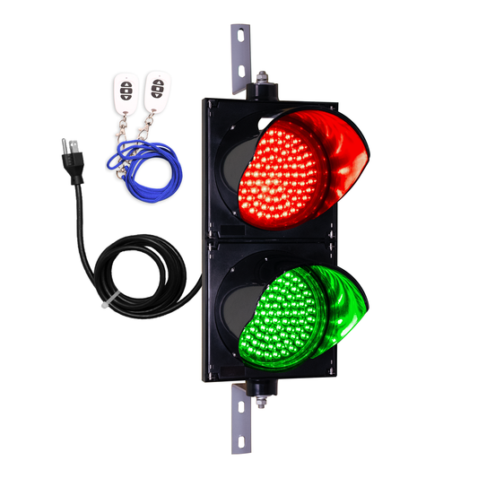 8 inch wireless LED traffic light with red and green colors, including a wireless key fob and a power cord.