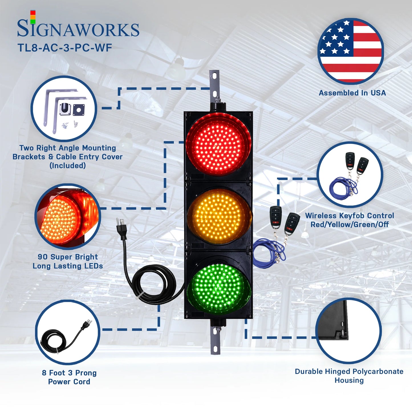 'Signaworks' branded graphic featuring mounting brackets, LED quality, key fobs, housing construction and power cable.