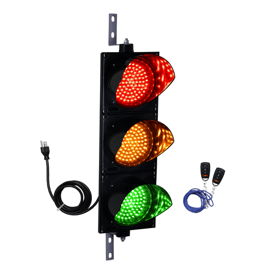 Wireless triple 8 inch red, amber and green wireless traffic light with black key fob set on a white background.
