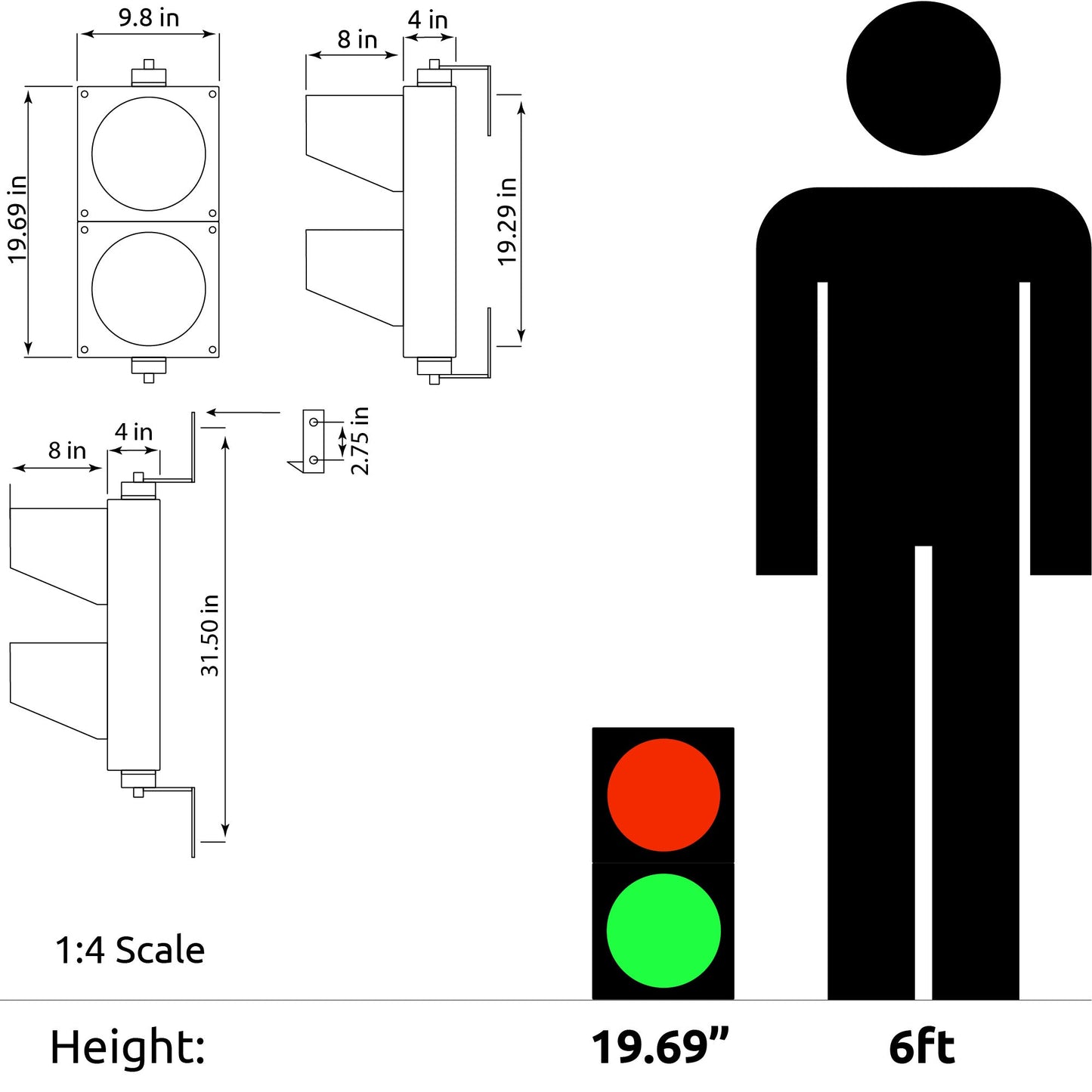 Diagram showing dimensions of a traffic light and a person, with a 1:4 scale comparison.