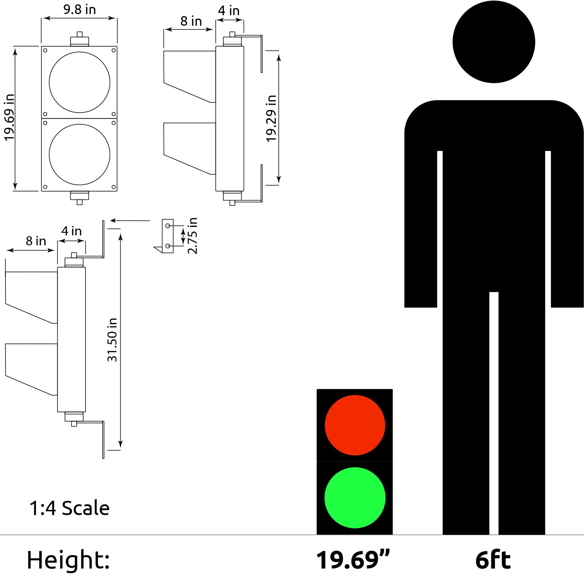 Diagram showing dimensions of a traffic light and a person, with a 1:4 scale comparison.