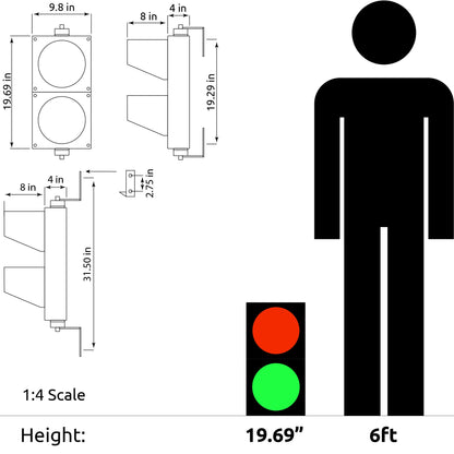 Diagram showing dimensions of a traffic light and a person, with a 1:4 scale comparison.