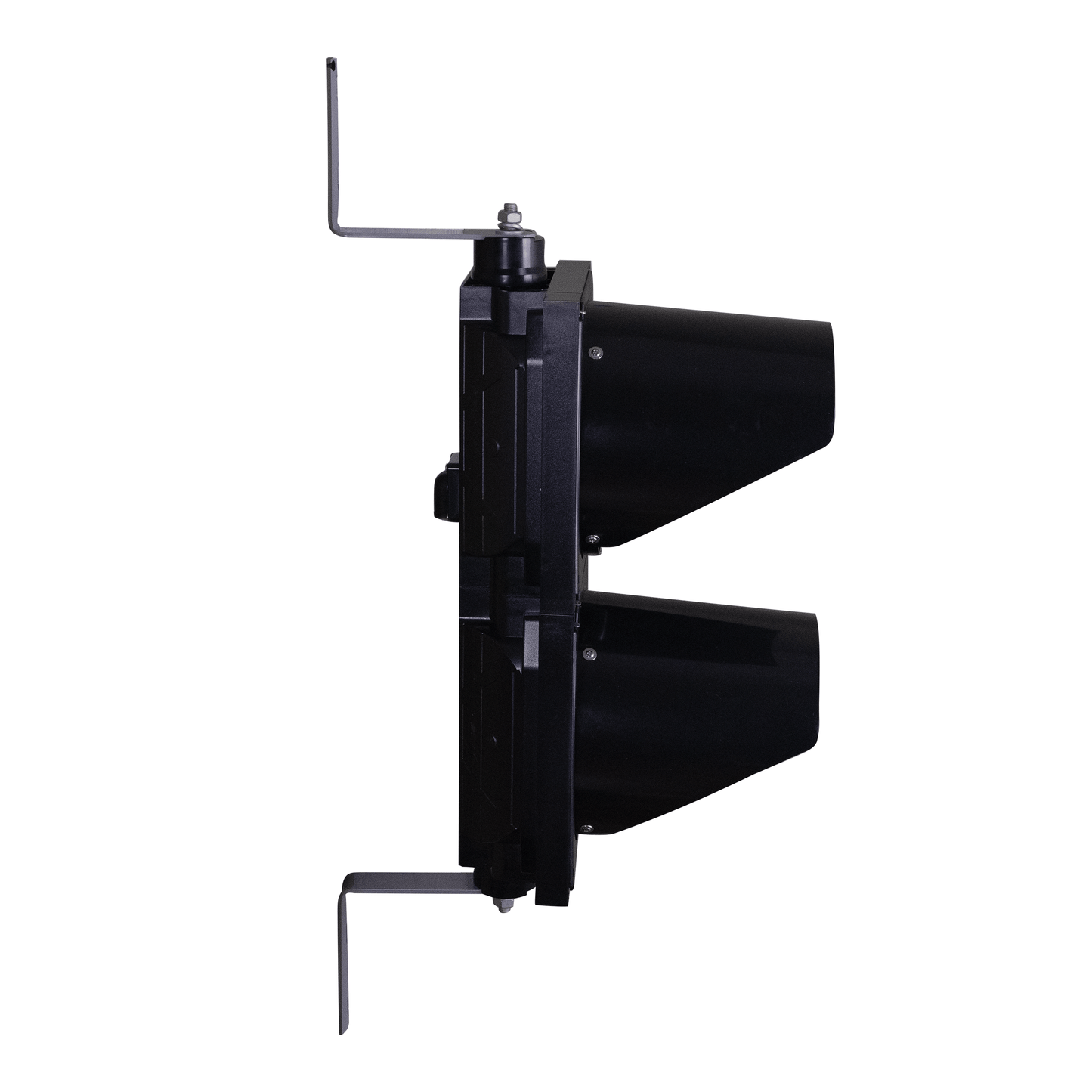Black 8 inch traffic light turned off on a white background.