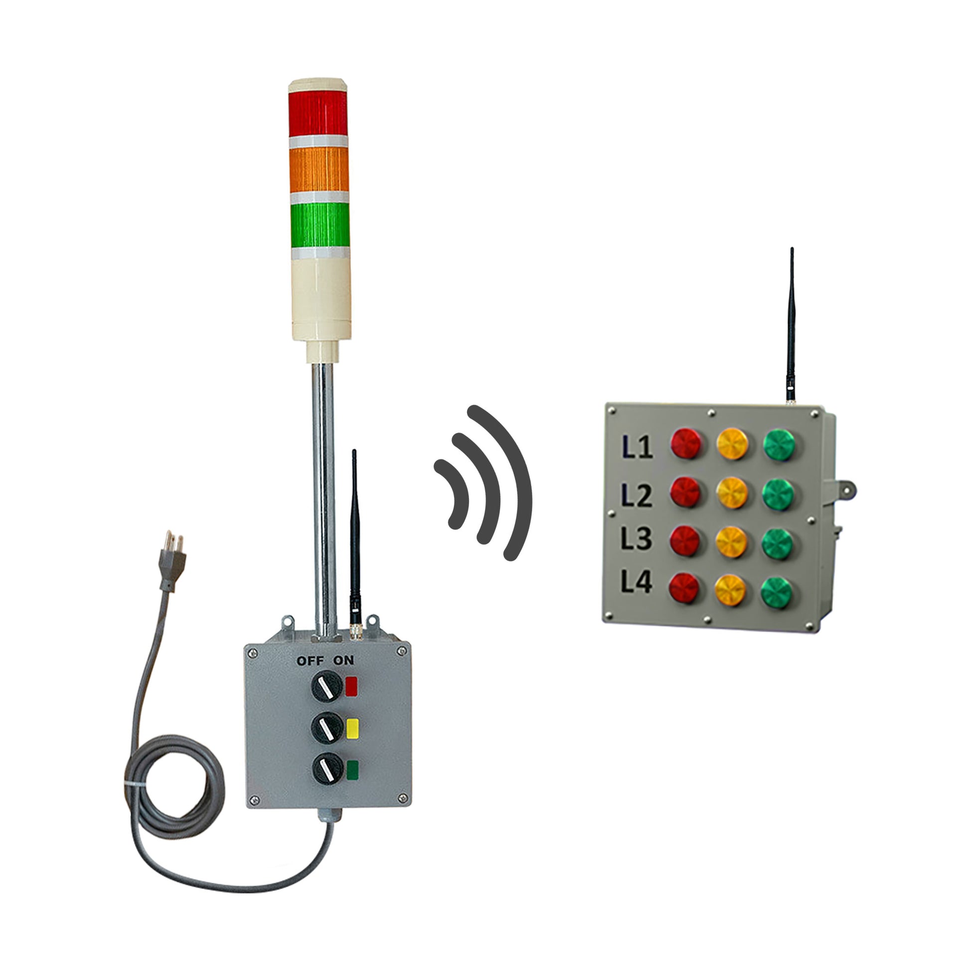Control panel with red, green, and yellow lights and a button panel on a white background