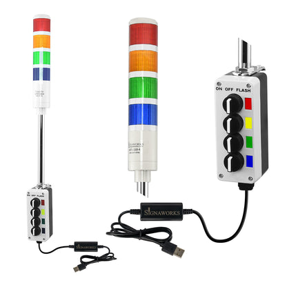 Four-color pole-mounted industrial signal light with 2-position selector switches and USB cable; Red-Amber-Green-Blue on a white background.