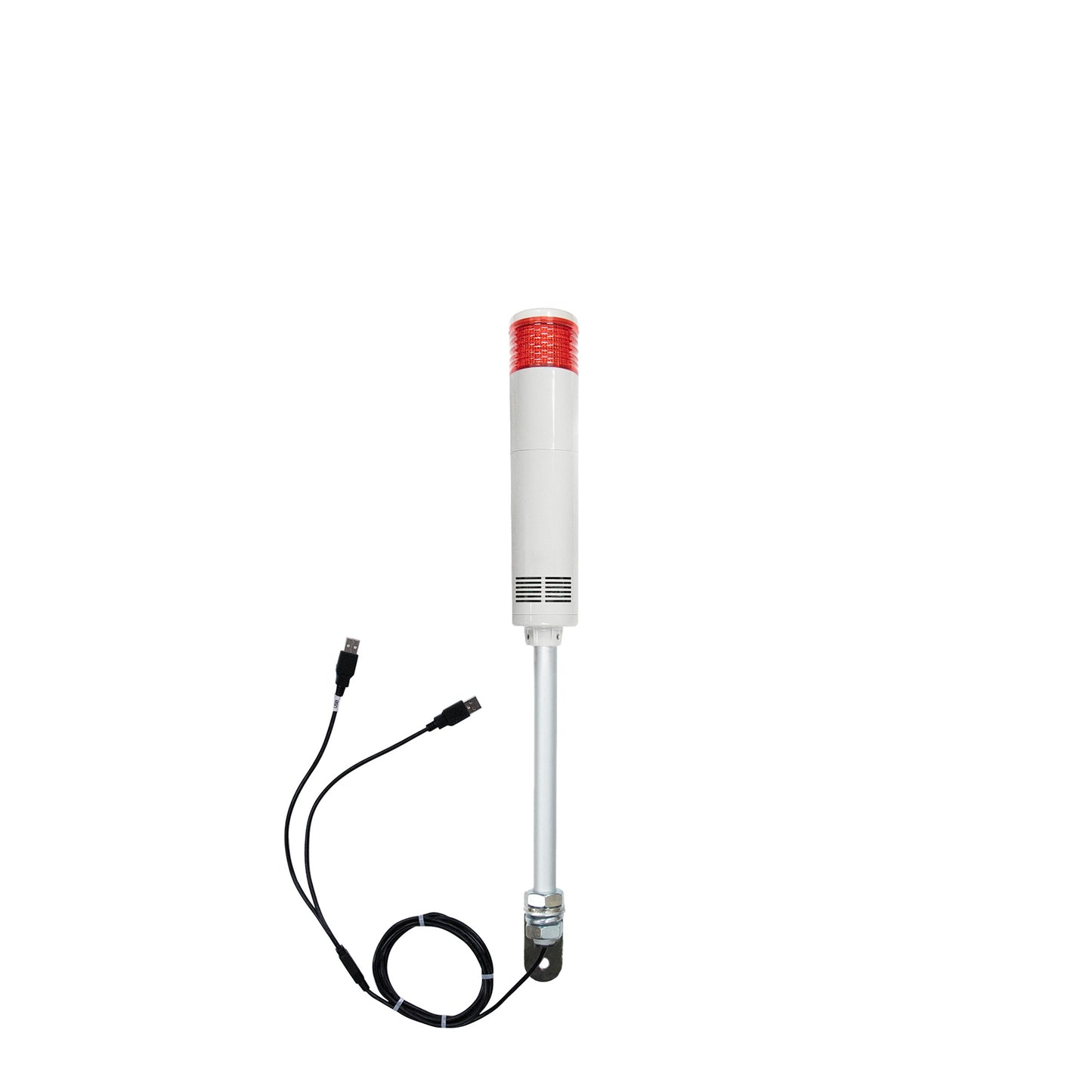Red pole-mounted industrial signal light with USB cables exiting from the bottom right angle bracket on a white background