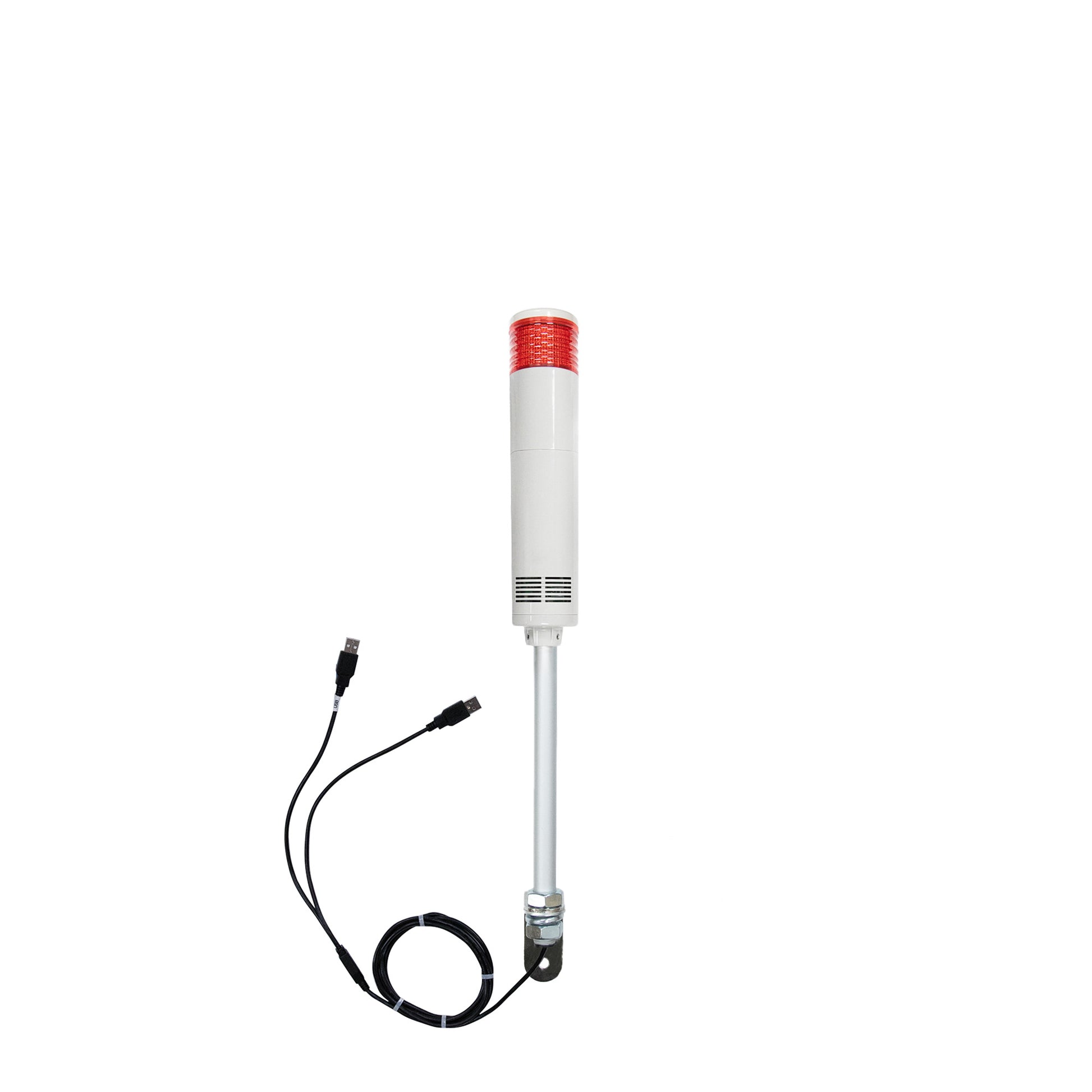 Red pole-mounted industrial signal light with USB cables exiting from the bottom right angle bracket on a white background