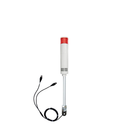 Red pole-mounted industrial signal light with USB cables exiting from the bottom right angle bracket on a white background