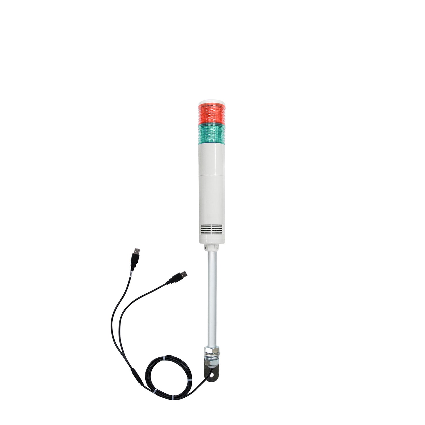 Two-color pole-mounted industrial signal light with USB cables exiting from the bottom right angle bracket; Red-Green on a white background.