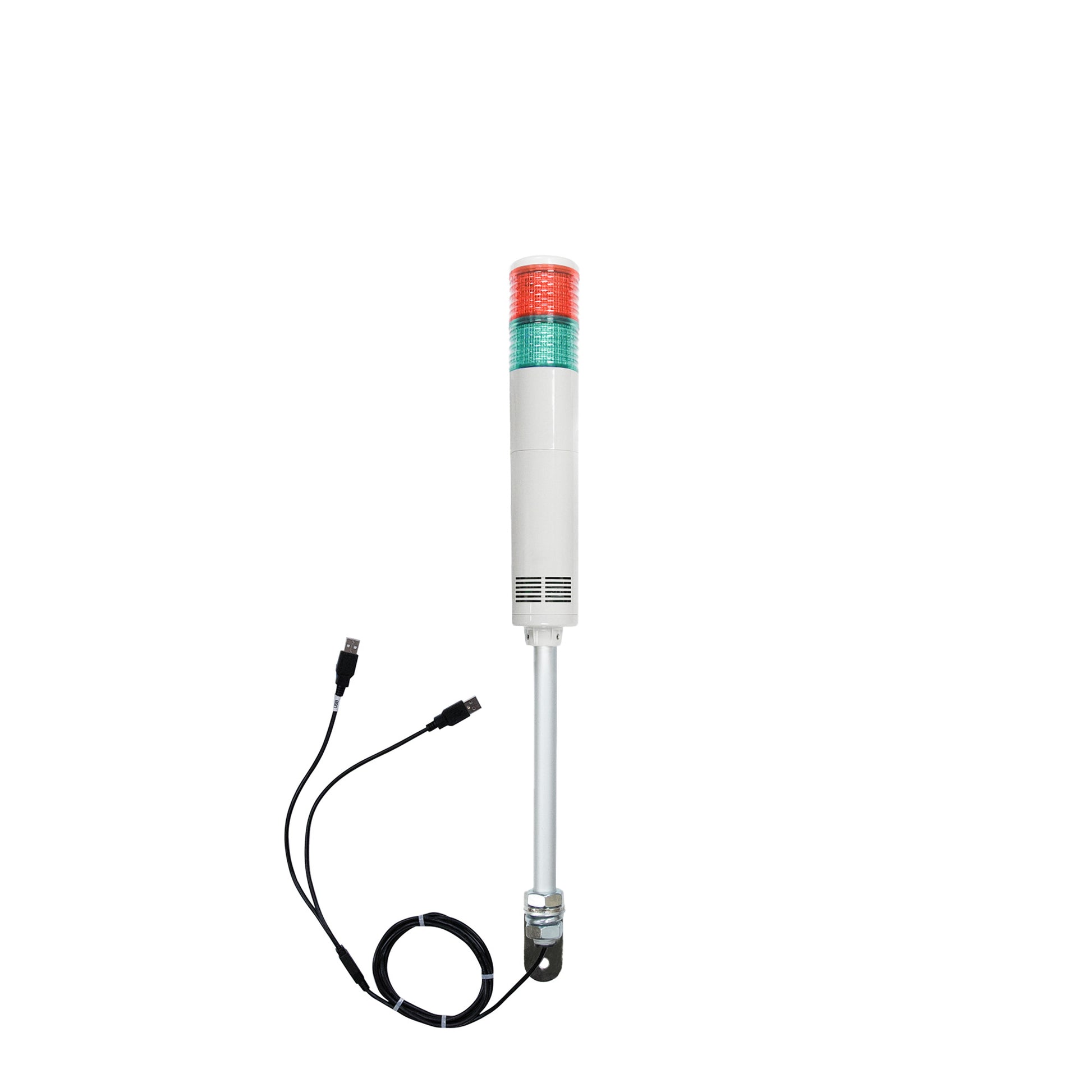 Two-color pole-mounted industrial signal light with USB cables exiting from the bottom right angle bracket; Red-Green on a white background.