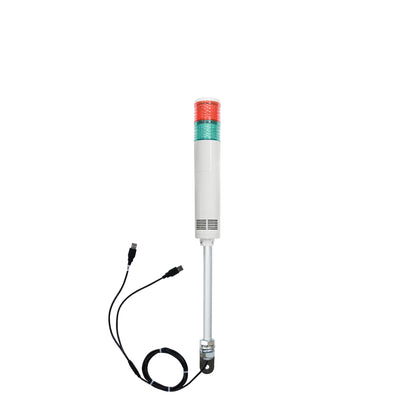Two-color pole-mounted industrial signal light with USB cables exiting from the bottom right angle bracket; Red-Green on a white background.