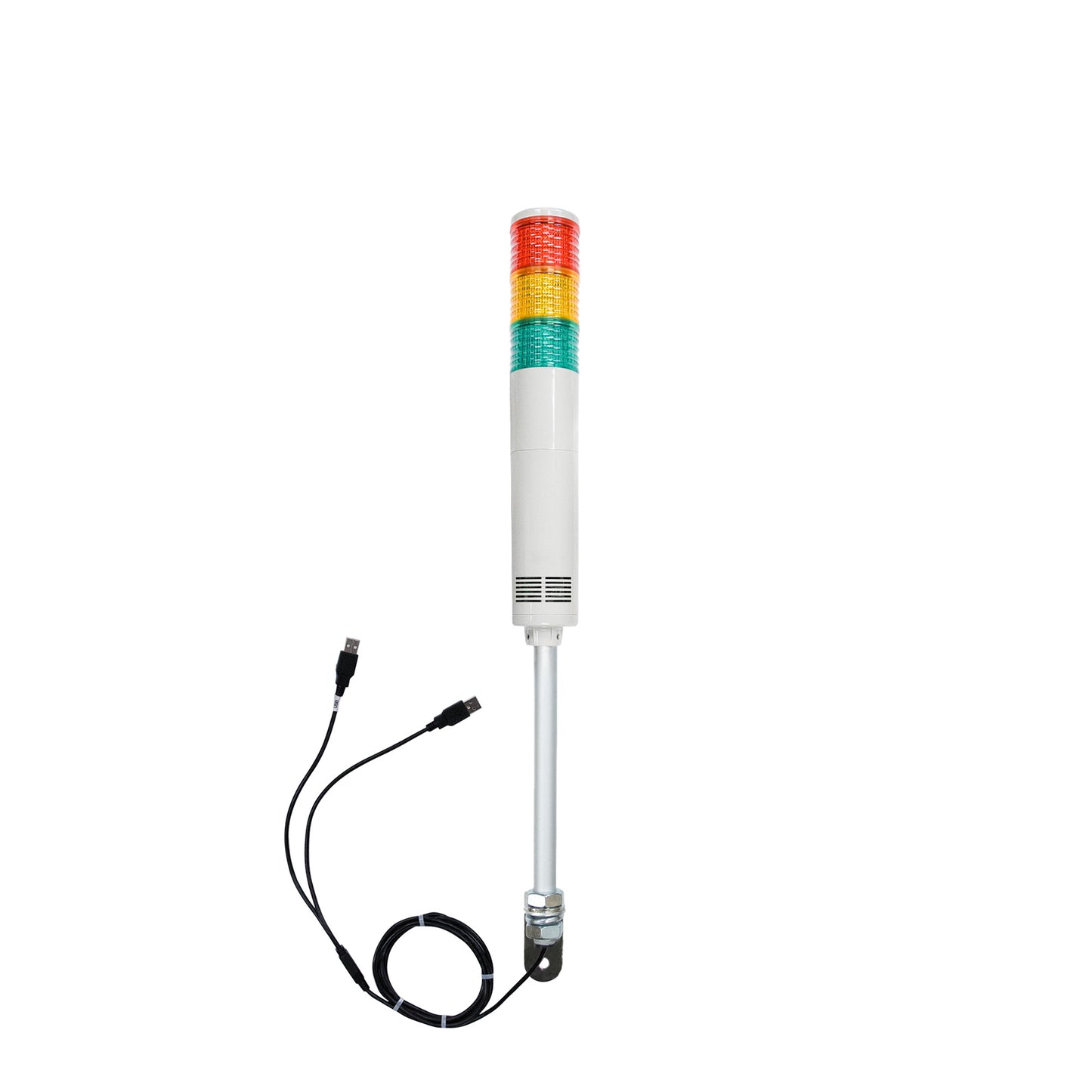 Three-color pole-mounted industrial signal light with USB cables exiting from the bottom right angle bracket; Red-Amber-Green on a white background.