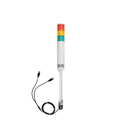 Three-color pole-mounted industrial signal light with USB cables exiting from the bottom right angle bracket; Red-Amber-Green on a white background.