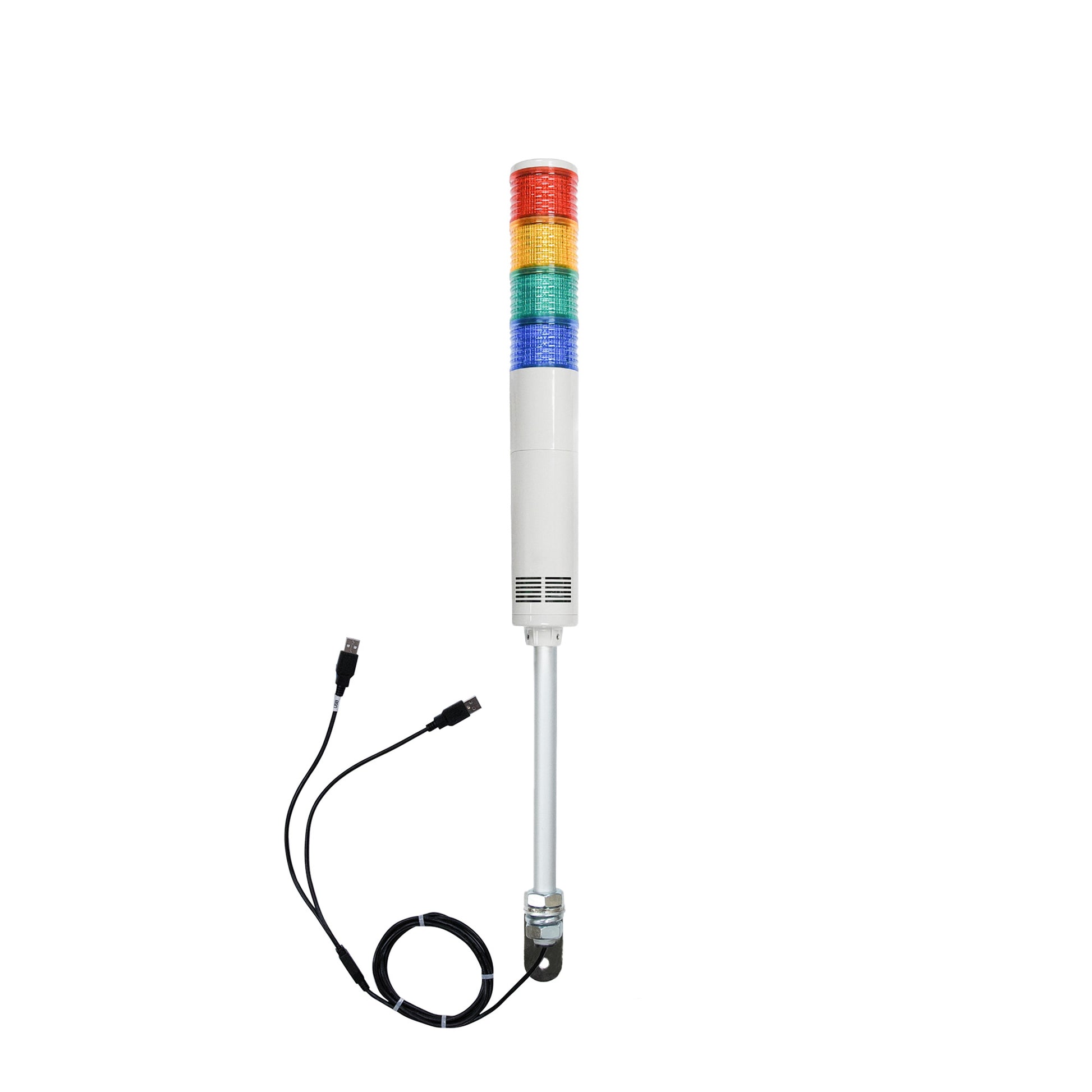 Four-color pole-mounted industrial signal light with USB cables exiting from the bottom right angle bracket; Red-Amber-Green-Blue on a white background.