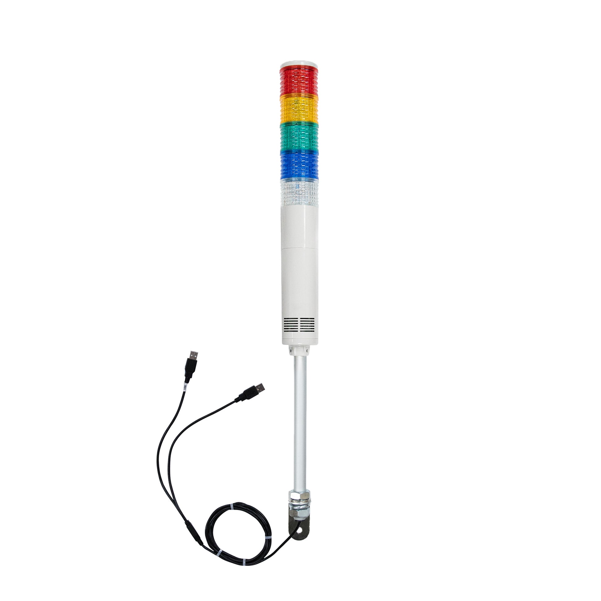 Five-color pole-mounted industrial signal light with USB cables exiting from the bottom right angle bracket; Red-Amber-Green-Blue-White on a white background.