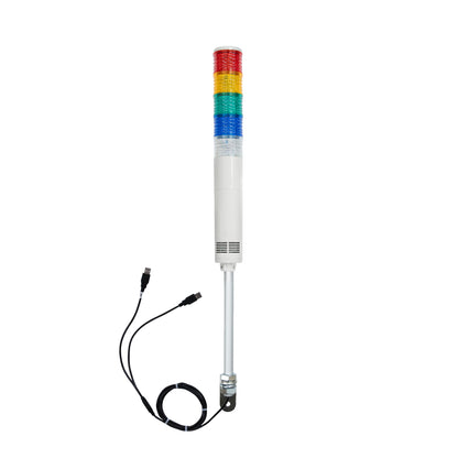 Five-color pole-mounted industrial signal light with USB cables exiting from the bottom right angle bracket; Red-Amber-Green-Blue-White on a white background.