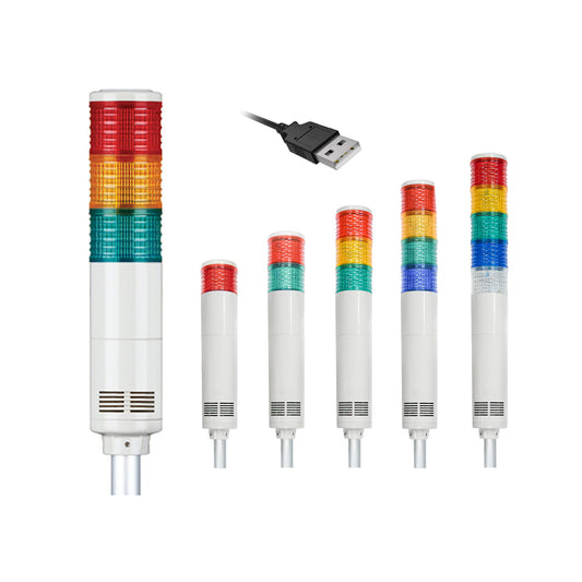 A collection of multicolor pole-mounted industrial signal lights and a USB connection cable on a white background.