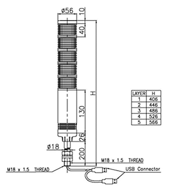A black on white diagram depicting the dimensions and USB cable connections.